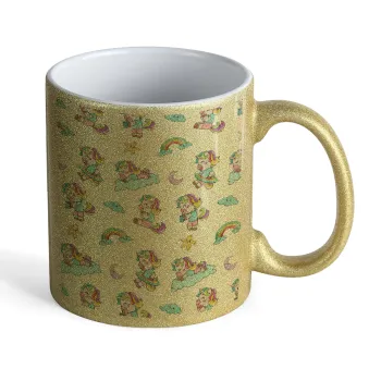 Unicorn pattern, Κούπα Χρυσή Glitter που γυαλίζει, κεραμική, 330ml