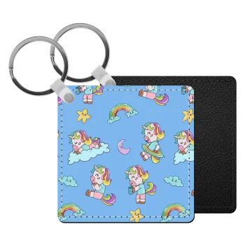 Unicorn pattern, Μπρελόκ Δερματίνη, τετράγωνο ΜΑΥΡΟ (5x5cm)