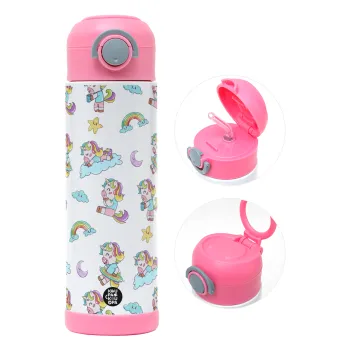 Unicorn pattern, Children's hot water bottle, stainless steel, with safety straw, PINK (500ml)