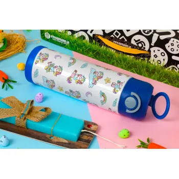 Unicorn pattern, Easter candle, Childrens hot water bottle, stainless steel, with safety straw, BLUE (500ml)