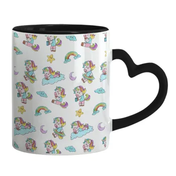Unicorn pattern, Mug heart black handle, ceramic, 330ml