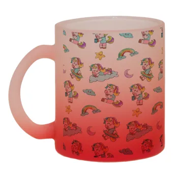 Unicorn pattern, Κούπα γυάλινη δίχρωμη με βάση το κόκκινο ματ, 330ml