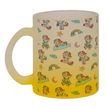 Unicorn pattern, Κούπα γυάλινη δίχρωμη με βάση το κίτρινο ματ, 330ml