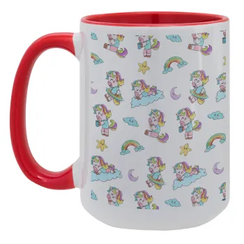 Unicorn pattern, Κούπα Mega 15oz, κεραμική Κόκκινη, 450ml