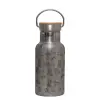 Stainless steel metallic thermos flask, silver with a bamboo lid, double-walled, 350ml.