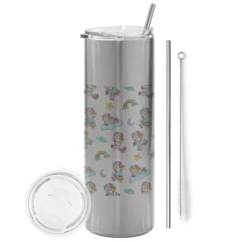 Unicorn pattern, Tumbler stainless steel Silver 600ml, with metal straw & cleaning brush