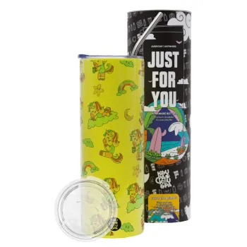 Unicorn pattern, Neon Yellow Travel Tumbler θερμό, μεταλλικό καλαμάκι(Ανωξείδωτο 304 Food grade, BPA free, 600ml)