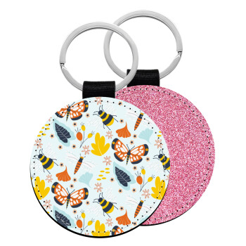 Πεταλούδες, Μπρελόκ Δερματίνη, στρογγυλό ΡΟΖ (5cm)