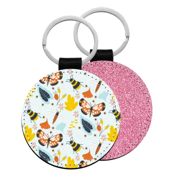 Πεταλούδες, Μπρελόκ Δερματίνη, στρογγυλό ΡΟΖ (5cm)