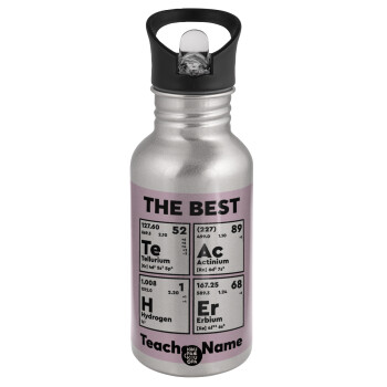 THE BEST Teacher chemical symbols, Παγούρι νερού Ασημένιο με καλαμάκι, ανοξείδωτο ατσάλι 500ml