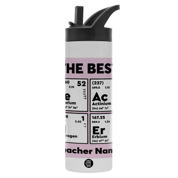 THE BEST Teacher chemical symbols, Metallic thermos bottle with straw & handle, stainless steel (Stainless steel 304), double-walled, 600ml.