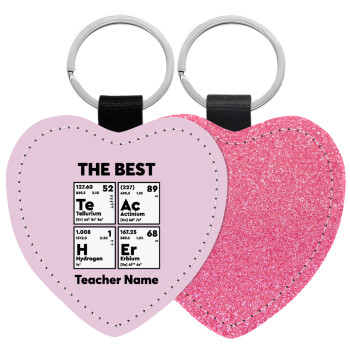 THE BEST Teacher chemical symbols, Μπρελόκ PU δερμάτινο glitter καρδιά ΡΟΖ