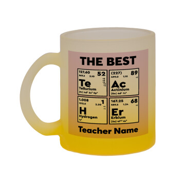 THE BEST Teacher chemical symbols, Κούπα γυάλινη δίχρωμη με βάση το κίτρινο ματ, 330ml