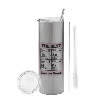 THE BEST Teacher chemical symbols, Tumbler stainless steel Silver 600ml, with metal straw & cleaning brush