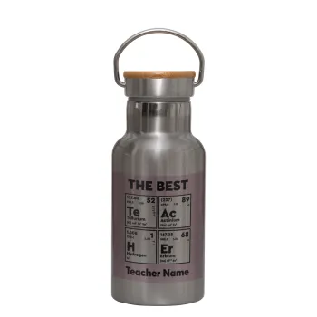 THE BEST Teacher chemical symbols, Μεταλλικό παγούρι θερμός (Stainless steel) Ασημένιο με ξύλινο καπακι (bamboo), διπλού τοιχώματος, 350ml
