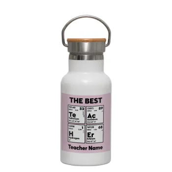 THE BEST Teacher chemical symbols, Μεταλλικό παγούρι θερμός (Stainless steel) Λευκό με ξύλινο καπακι (bamboo), διπλού τοιχώματος, 350ml