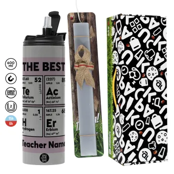 THE BEST Teacher chemical symbols, Πασχαλινή Λαμπάδα με Travel Tumbler θερμό (600ml, BPA free) & κερί αρωματικό πλακέ (30cm) (ΓΚΡΙ)