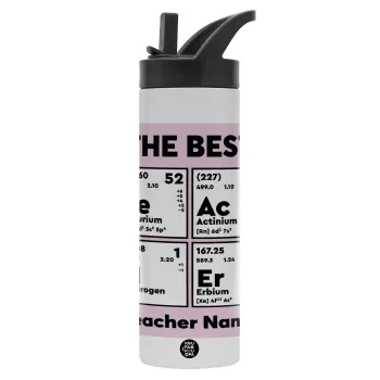 THE BEST Teacher chemical symbols, Μεταλλικό παγούρι θερμός με καλαμάκι & χειρολαβή, ανοξείδωτο ατσάλι (Stainless steel 304), διπλού τοιχώματος, 600ml