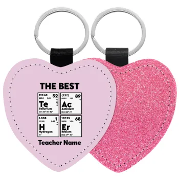 THE BEST Teacher chemical symbols, Μπρελόκ PU δερμάτινο glitter καρδιά ΡΟΖ