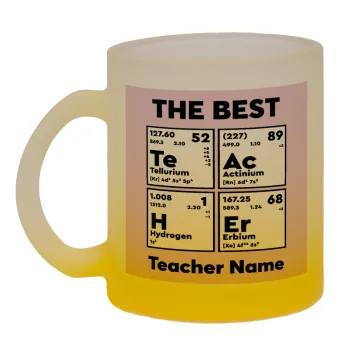 THE BEST Teacher chemical symbols, Κούπα γυάλινη δίχρωμη με βάση το κίτρινο ματ, 330ml