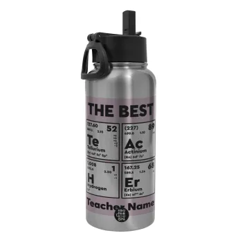 THE BEST Teacher chemical symbols, Μεταλλικό παγούρι θερμός Silver με καλαμάκι και χερούλι (Stainless steel), διπλού τοιχώματος, 950ml