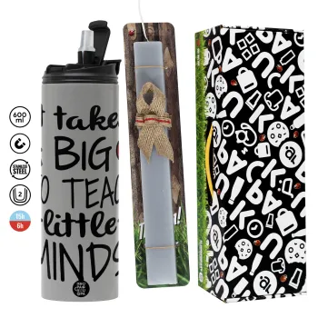 It takes big heart to teach little minds, Πασχαλινή Λαμπάδα με Travel Tumbler θερμό (600ml, BPA free) & κερί αρωματικό πλακέ (30cm) (ΓΚΡΙ)