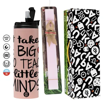 It takes big heart to teach little minds, Πασχαλινή Λαμπάδα με  ΡΟΖ Travel Tumbler θερμό (600ml, BPA free) & κερί αρωματικό πλακέ (30cm) (ΡΟΖ)