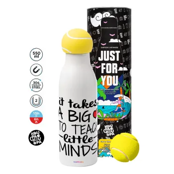 It takes big heart to teach little minds, Tennis ball Metal mug thermos White, double wall, 550ml