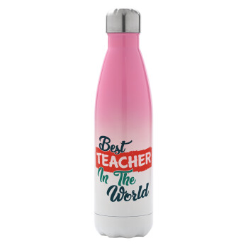 Best teacher in the World!, Μεταλλικό παγούρι θερμός Ροζ/Λευκό (Stainless steel), διπλού τοιχώματος, 500ml