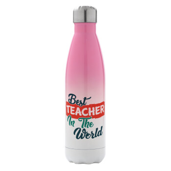 Best teacher in the World!, Μεταλλικό παγούρι θερμός Ροζ/Λευκό (Stainless steel), διπλού τοιχώματος, 500ml