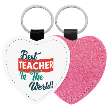 Best teacher in the World!, Μπρελόκ PU δερμάτινο glitter καρδιά ΡΟΖ