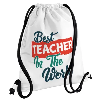 Best teacher in the World!, Backpack pouch GYMBAG white, with pocket (40x48cm) & thick cords