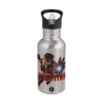 Ironman, Water bottle Silver with straw, stainless steel 500ml