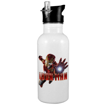 Ironman, White water bottle with straw, stainless steel 600ml