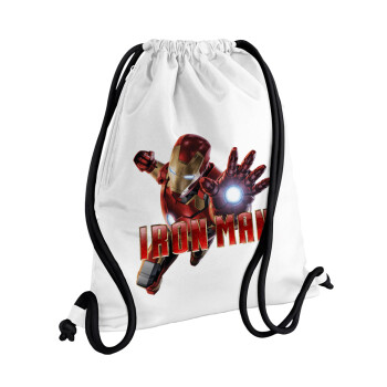 Ironman, Τσάντα πλάτης πουγκί GYMBAG λευκή, με τσέπη (40x48cm) & χονδρά κορδόνια