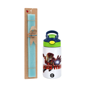 Ironman, Πασχαλινό Σετ, Παιδικό παγούρι θερμό, ανοξείδωτο, με καλαμάκι ασφαλείας, πράσινο/μπλε (350ml) & πασχαλινή λαμπάδα αρωματική πλακέ (30cm) (ΤΙΡΚΟΥΑΖ)