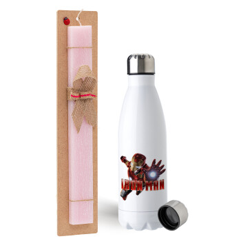 Ironman, Easter Set, metallic stainless steel water bottle (750ml) & scented flat Easter candle (30cm) (PINK)