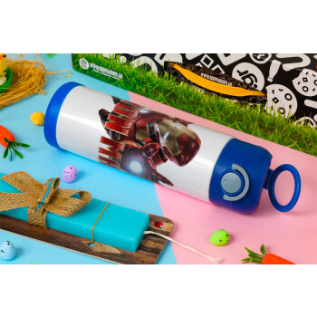 Ironman, Easter candle, Childrens hot water bottle, stainless steel, with safety straw, BLUE (500ml)