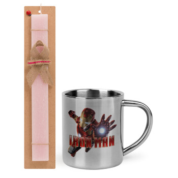 Ironman, Πασχαλινό Σετ, μεταλλική κούπα θερμό (300ml) & πασχαλινή λαμπάδα αρωματική πλακέ (30cm) (ΡΟΖ)