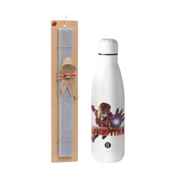 Ironman, Easter Set, metallic stainless thermos bottle (500ml) & scented flat Easter candle (30cm) (GRAY)