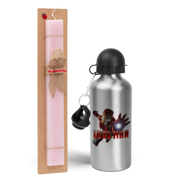 Ironman, Easter Set, metallic Silver aluminum water bottle (500ml) & scented flat Easter candle (30cm) (PINK)