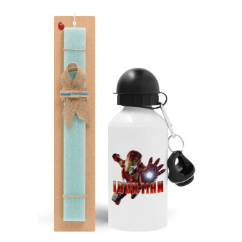 Ironman, Easter Set, metallic aluminum water bottle (500ml) & scented flat candle (30cm) (TURQUOISE)