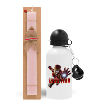 Ironman, Πασχαλινό Σετ, παγούρι μεταλλικό αλουμινίου (500ml) & πασχαλινή λαμπάδα αρωματική πλακέ (30cm) (ΡΟΖ)