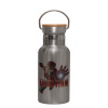 Stainless steel metallic thermos flask, silver with a bamboo lid, double-walled, 350ml.