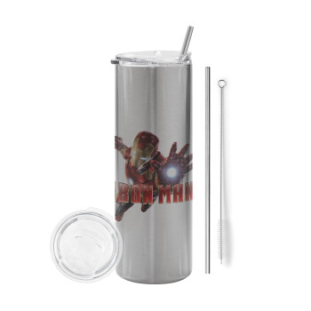 Ironman, Eco friendly stainless steel Silver tumbler 600ml, with metal straw & cleaning brush
