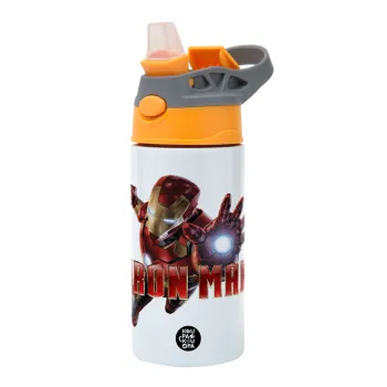 Ironman, Children's hot water bottle, stainless steel, with safety straw, Orange/Grey (360ml) BPA-FREE