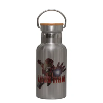 Ironman, Μεταλλικό παγούρι θερμός (Stainless steel) Ασημένιο με ξύλινο καπακι (bamboo), διπλού τοιχώματος, 350ml