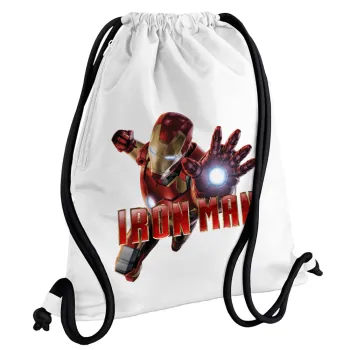 Ironman, Backpack pouch GYMBAG white, with pocket (40x48cm) & thick cords