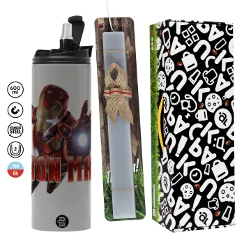 Ironman, Πασχαλινή Λαμπάδα με Travel Tumbler θερμό (600ml, BPA free) & κερί αρωματικό πλακέ (30cm) (ΓΚΡΙ)