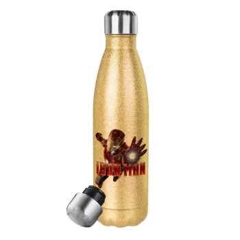 Ironman, Μεταλλικό παγούρι θερμός Glitter χρυσό (Stainless steel), διπλού τοιχώματος, 500ml